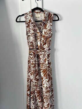 Melloday Womens size XS Linen Blend Safari Tropical Belted Midi Dress